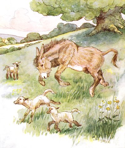 「私は日当たりの良い牧草地で愚かな小さな子羊と一緒に一日中暴れました」、イラストは「いたずらなエディブック」、トーマス・ネルソンウントソンス、1920年代から出版されました 作： Anne Anderson